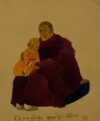 Un moine tibétain et son fils by Léa Lafugie, Aquarelle annotée signée située et portant le cachet de l’artiste en bas à droite, sold Oct 2026