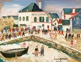 Animation dans le port de pêche de Portivy à Quiberon by Lucien Génin, Gouache signée et située en bas à droite, sold Oct 2006