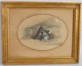 Le concert sous la tente, scène orientaliste by James Rannie Swinton, Crayon noir, rehauts de blanc et d’aquarelle sur papier beige, sold Nov 2024