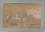 Un saule au bord du ruisseau by Antoine Duclaux, Crayon noir, estompe et rehauts de blanc sur papier brun, sold Nov 2024