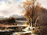 Winterliche Waldlandschaft mit Holzfällern by Cornelis Kimmel, oil on panel, offered Sep 2025