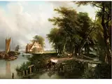 Kanallandschaft mit Waldstück, Giebelhäusern und Pferdetränke by Louis Etienne Watelet, oil on canvas, offered Dec 2019