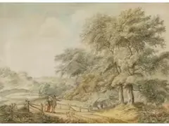 Hügelige Landschaft mit Spazierendem Paar by Barend Cornelis Koekkoek, watercolor, offered Jun 2025