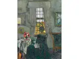 Vornehmes Interieur mit Sitzender Frau vor Fenster by August von Brandis, oil on canvas, offered Dec 2023