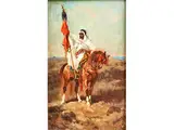 Araber zu Pferd in Steinwüste mit Erhobener Fahne by Orientalist des 19. & 20. Jahrhunderts, im Stil von Alfred von Kowalski-Wierusz, oil, offered Sep 2018