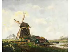 Holländische Landschaft mit Windmühle und Katen by Paul Baum, oil on canvas, offered Sep 2023