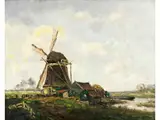 Holländische Landschaft mit Windmühle und Katen by Paul Baum, oil on canvas, offered Sep 2023