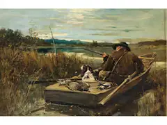 Jäger in Einem Boot auf Entenjagd by John Emms, oil on board, sold Dec 2025