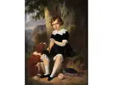Portrait Eines Eleganten Jungen mit Hund by Camille Venneman, oil on canvas, offered Sep 2023