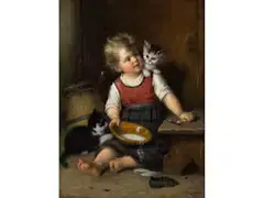 Kleines Mädchen mit Zwei Kätzchen by Rudolf Epp, oil on canvas, sold Dec 2024