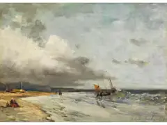 Fischerboote an Bewegter Nordseeküste by Andreas Achenbach, oil on board, sold Mar 2026