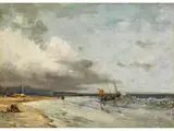 Fischerboote an Bewegter Nordseeküste by Andreas Achenbach, oil on board, sold Mar 2026