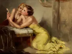 Zwei Elegante Damen mit Handspiegel Oder Miniaturbildnis by Henri Joseph Thomas, oil on panel, sold Sep 2021