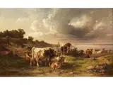 Landschaft mit Kuhherde am Ufer Eines Sees by Edmund Mahlknecht, oil on panel, offered Jun 2023