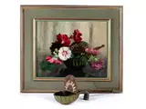 Stillleben mit Stockrosen by José Storie, oil on board, offered Mar 2023