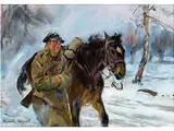 Polnischer Soldat Neben Gesatteltem Lastpferd in Winterlandschaft by Wojciech Kossak, oil on canvas, sold Dec 2016