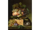 Stillleben mit Trauben, Vogelnest und Stieglitz by Olympe Mouette Génin, oil on canvas, sold Sep 2024