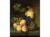 Stillleben mit Früchten, Krug und Meise by Olympe Mouette Génin, oil on canvas, sold Sep 2024