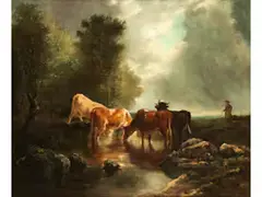Kühe am Flussufer by Constant Troyon, oil on canvas, offered Jun 2022