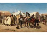 Ungarischer Pferdemarkt by Heinrich Lang, oil on panel, sold Mar 2024