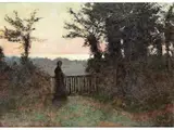 Blick Über das Gartentor auf Abendlich Beleuchtete Seelandschaft by Karl Heinrich Hoff, oil on canvas, offered Jun 2023