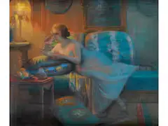 Dame Beim tee auf Einem Sofa mit Lampenschirmbeleuchtung by Max Albert Carlier, pastel, offered Mar 2019