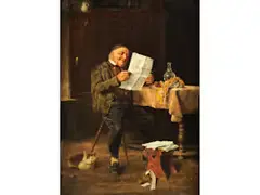 Zeitung Lesender Bauer in der Stube by Felix Schlesinger, oil on panel, sold Sep 2025