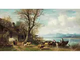 Voralpensee mit Schafherde vor dem Übersetzen by Carl Ebert, oil on panel, offered Jun 2025