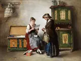 Bauernstube mit Brief Lesendem Mädchen by Friedrich Prölss, oil on panel, offered Jun 2025