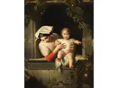 Junge Mutter mit Ihrem Kind an Einem Fenster by Giuseppe Mazzolini, oil on canvas, offered Mar 2025