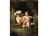 Junge Mutter mit Ihrem Kind an Einem Fenster by Giuseppe Mazzolini, oil on canvas, offered Mar 2025