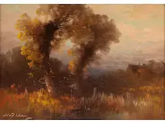 Herbstliche Landschaft mit Gewässer by Oskar Mulley, oil on board, offered Jun 2024