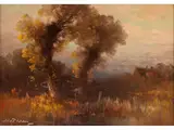 Herbstliche Landschaft mit Gewässer by Oskar Mulley, oil on board, offered Jun 2024