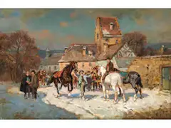 Pferdemarkt im Winter by Wilhelm Velten, oil on panel, offered Mar 2025