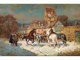 Pferdemarkt im Winter by Wilhelm Velten, oil on panel, offered Mar 2025