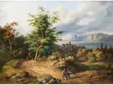 Alpenlandschaft mit Wanderndem Bauernpaar by Philipp Heinel, oil on canvas, offered Mar 2023