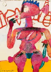 Strawberry Queen by Peter Aspell, 1987, oil on board, sold Jul 2022