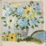 Nature morte aux fleurs bleues et jaunes by Jean Dallaire, 1949, gouache on paper, sold Jul 2022