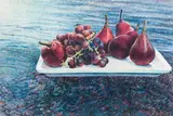 Red Picnic by the River by Mary Frances Pratt, 1989, mixed media on paper, sold May 2022