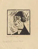 Kopf einer Frau mit Halsband by Lyonel Feininger, 1918, Holzschnitt auf hellgrauem Papier, sold Aug 2022