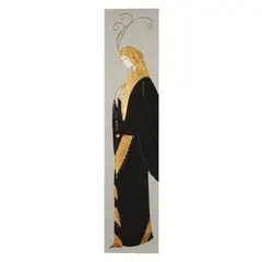 Woman with Plumed Hat by Stephen White, Oil and gold leaf on birch panel, sold Dec 2024