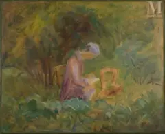 Lecture au bois by Marthe Orant, Huile sur papier marouflée sur panneau, sold Aug 2025