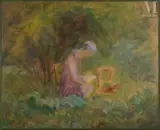 Lecture au bois by Marthe Orant, Huile sur papier marouflée sur panneau, sold Aug 2025