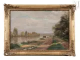 La Seine à Sartrouville en 1914 by Paul Louchet, Huile sur carton, sold Aug 2025