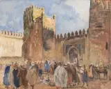 Marché devant des remparts d'une casbah, Sud Marocain by Henri Jean Pontoy, Aquarelle et gouache sur papier, sold Jun 2025