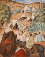 Campement dans un oasis Moussem de Moulay Idriss du Zerhoun by Suzanne Drouet-Réveillaud, Huile sur toile d'origine, sold Jun 2025