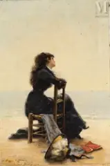 Jeune femme pensive à la plage by Édouard Bisson, Huile sur toile d'origine, sold Jun 2025