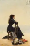 Jeune femme pensive à la plage by Édouard Bisson, Huile sur toile d'origine, sold Jun 2025