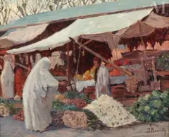 Le marché aux légumes à Blida by Maurice Bouviolle, Huile sur toile d'origine, sold Jun 2025