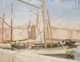 Le port by Louis Fernez, Gouache sur papier, sold Jun 2025